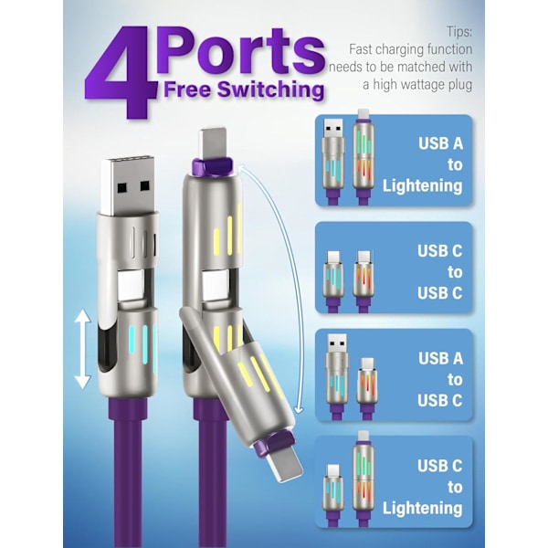 240W 4-i-1 USB-C-kabel, Multiladdare med Andningsljus, PD 5A Multi Snabbladdning & Datasympkronisering Silikon Kompatibel med iPhone Samsung Laptop Purple 1.5m