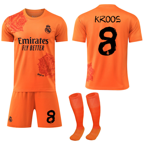 2024 Real Madrid Y3 Co-Branded Special Edition Rose Pattern Fodboldtrøje Orange Børns fodboldsæt No.8 Kroos 28