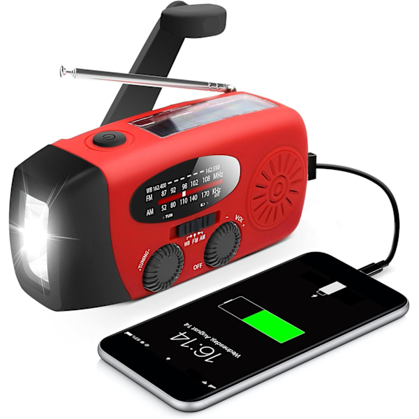 Nødradio med håndsveiv og LED-lommelykt for nødsituasjoner, AM/FM NOAA værradio med 2000mAh powerbank telefonlader, USB-ladet og solenergi Red