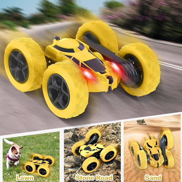 Kauko-ohjattava auto, 2,4 GHz:n kaksisuuntainen 360 ° pyörivä kauko-ohjattava telaketjuauto ajovalot, 4WD maastoajoneuvo, kauko-ohjattava kilpa-auto Yellow