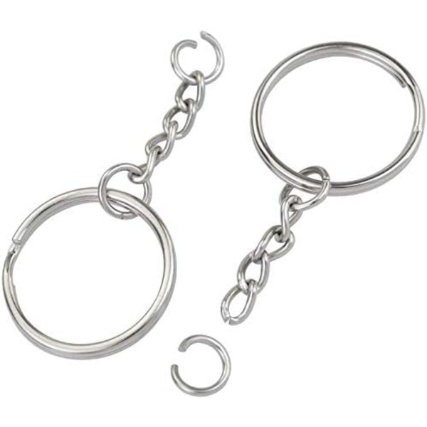 100 stk. 1 tommer/25mm split nøgleringe med kæde sølv nøglering, nøgleringe dele med åben springring og konnektor. 100Pcs