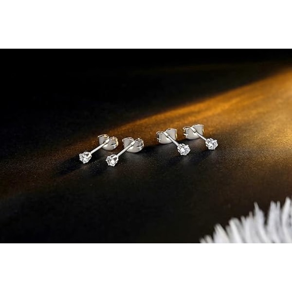 10 Par Små Dame Rustfrit Stål Runde Klare Cubic Zirconia Ørestikker (2mm 3mm 4mm CZ, Kirurgisk Stål)