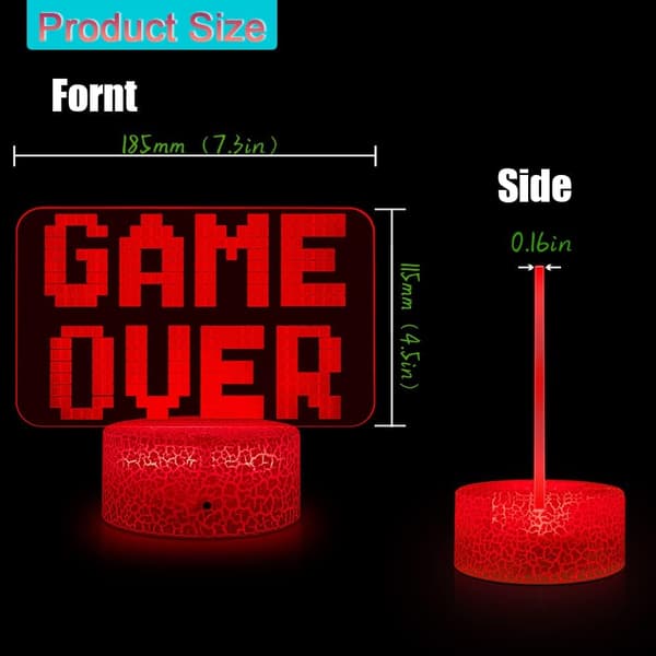 Gaming Lampe Game Over Nattlys 3D Illusjonslamper, Dimbare