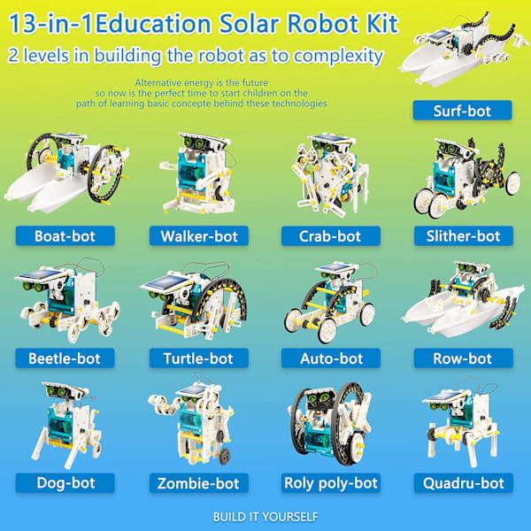 13-i-1 solcelledrevne robotlegetøj, gør-det-selv-legetøjssæt til børn, byggeeksperiment-robotudstyr, fødselsdagsgaver til drenge og piger White