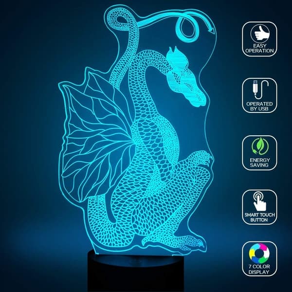 Dragon 3D LED nattlys berøringsbordsk skrivebord optisk illusjon lamper 7 fargeendrende dinosaurlys