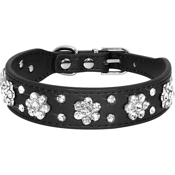 Söt PU-läder hundhalsband - Rhinestone blommönster nitar Black 37x2.5 CM