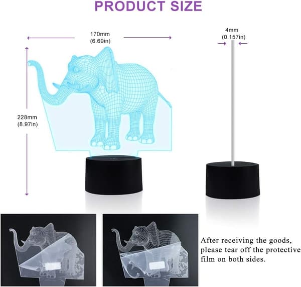 Elefant Lampe Natlampe, AZIMOM 3D Illusion Lampe 7 Farver