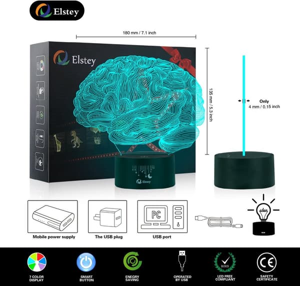 Hjerne 3D Natlys Bordlampe, 7 Farver Optisk Illus