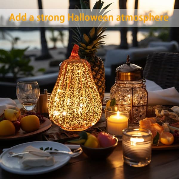 Græskar LED-lys i guld krakeleret glas med timer – Indendørs/Udendørs efterårs- og Halloween-fest midtpunkt Fat Pumpkin Shape