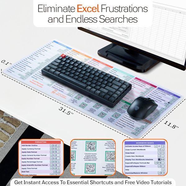 Excel Reference Måtte med 100+ Interaktive Video Tutorials & Essentielle Genveje, Stor Kontortastaturmåtte, Gråt Design.