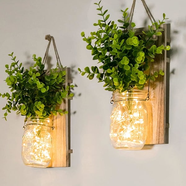 Rustika vägglampor, Mason Jar-lampor, bondgårdsdekor, LED-fe-lampor, grön konstgjord växt, varmtonad belysning för inredning. (2-pack)