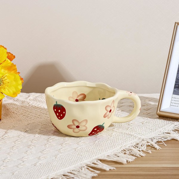 Keramisk Kaffekrus, Sød Blomster- og Frugtkop, Par Krus 250 ml til Latte Te Mælk, Velegnet til Mor på Mors Dag Cream Yellow