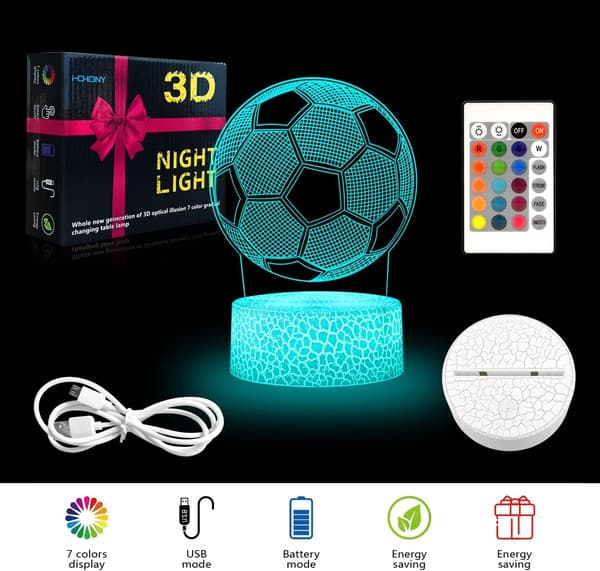 Fodboldgaver Fodbold 3D Natlys til Børn, i-CHONY Bordskrive Illusion Lampe 16 Farver Skift