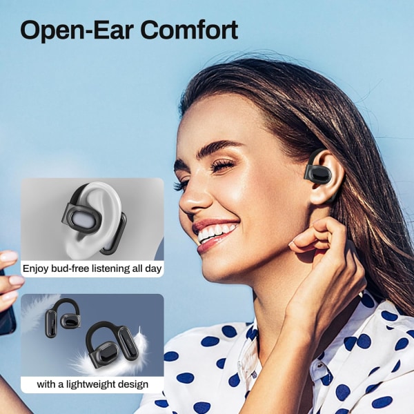 Åpne øre-hodetelefoner Bluetooth 5.3, True Wireless Open Ear Earbuds ENC Clear Talk med 16,2 mm dynamiske drivere 45 timer spilletid Trådløse ørepropper Langvarig Black