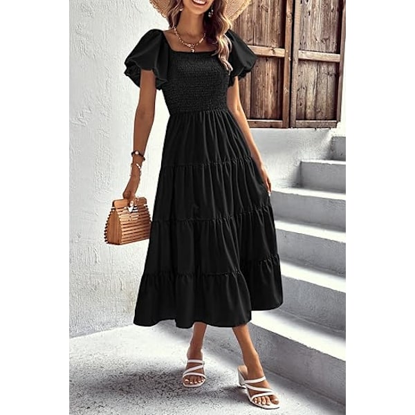 Dame 2025 Sommer Casual Midi Kjole Puf Korte Ærmer Firkantet Hals Smock Tiered Flæsekjoler M