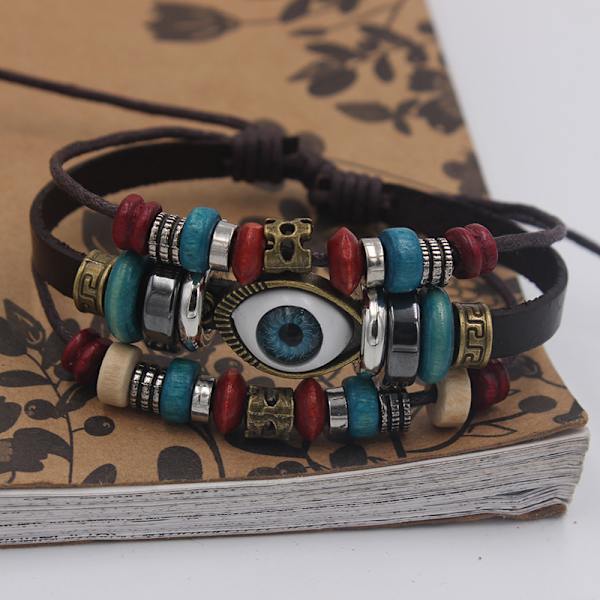 Läder Hand Woven Läder Cord Armband Charm Turkisk Blå