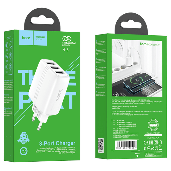 Hoco N15 Yijia tre-ports laddare multi-port USB europeisk re