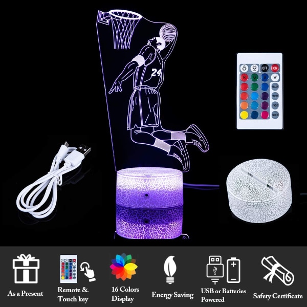 Kobe Bryant 3D Illusion Lamp med 16 färger som ändrar touch S