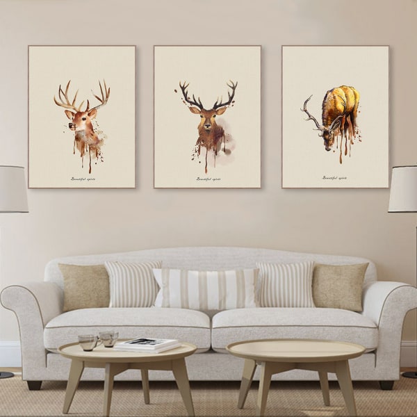 Triple Elk Vægkunst Lærredstrykplakat, Enkelt Mode Vandfarve Kunstmaleri D