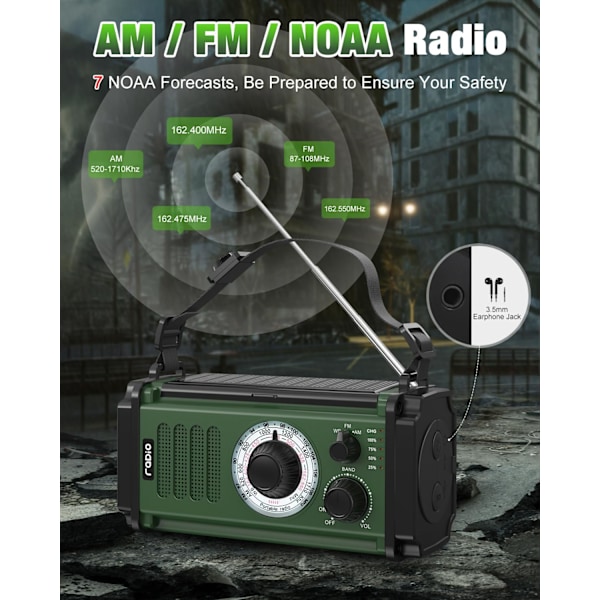 Nödradio, Solradio, 37000mWh Handvevradio, NOAA AM FM Väderradio, 5 Laddningsmetoder, Polymerbatteri, Ficklampa & Läslampa, SOS-Alarm Green
