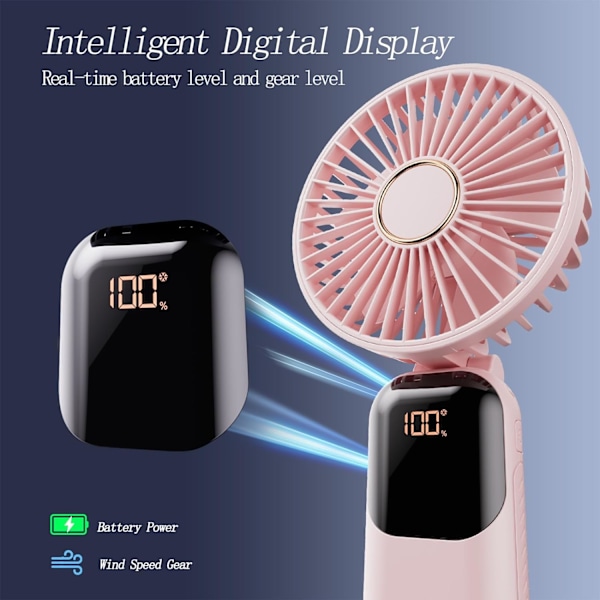 Bärbar Fläkt, 4200mAh Batteridriven Fläkt, 5 Hastigheter & Digital Display, 180° Vikbar Sminkfläkt för Kvinnor med Bas, Handhållen/Hals/De