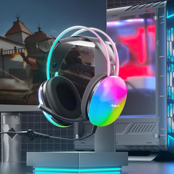 USB-spillhodetelefon med mikrofon for PC, RGB-regnbuebelysning, virtuell 7.1 surroundlyd, 50 mm driver, myke minneøreputer, kablet bærbar datamaskin stasjonær datamaskin Black