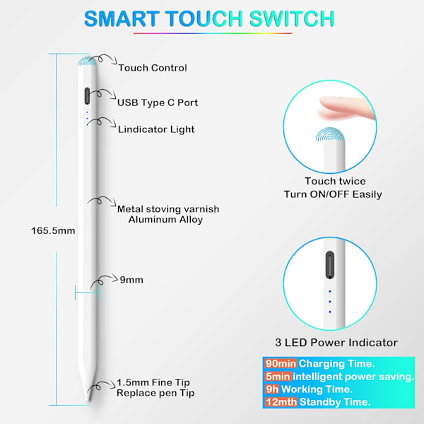 Styluspenn for iPad, Apple Pencil for iPad 9. generasjon, iPad Mini 6. generasjon, Apple Pen for iPad 2018-2022, iPad Pro 11'' og iPad Pro 12'' 3/4/5 Gen, iPad
