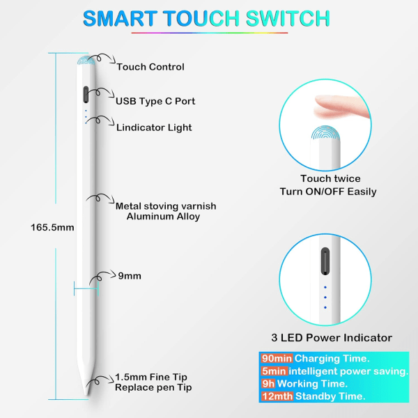 Styluspenna för iPad, Apple Pencil för iPad 9:e generationen, iPad Mini 6:e generationen, Apple Pen för iPad 2018-2022, iPad Pro 11'' och iPad Pro 12'' 3/4/5 generationen, iPad