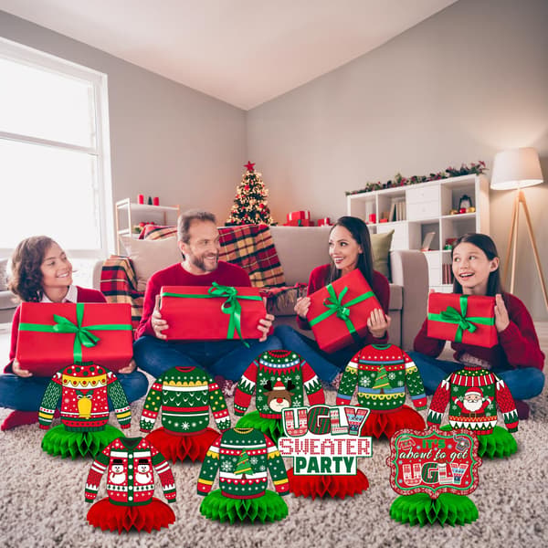Jule grim sweater bordpynt, 9 stk. 3D honeycomb topper, feriefestdekorationer til julefester Ugly Sweater