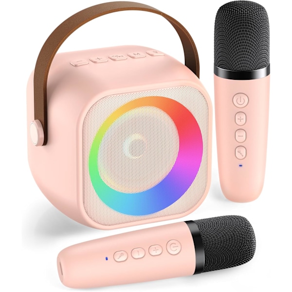 Mini Karaoke-laite, kannettava Bluetooth-karaokekaiutin 2 langattomalla mikrofonilla ja juhlavaloilla lapsille ja aikuisille, syntymäpäivä Pink