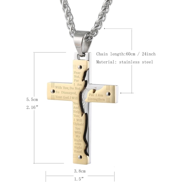 Herreanheng i rustfritt stål med Jesus Kristus kors krusifiks Herrens bønn Gold