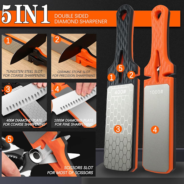 Diamantslibesten, 400/1000 Grit Håndholdt Dobbeltsidet Diamantsliber 5 i 1 Honeycomb Overflade Knivsliberplade Slibesten