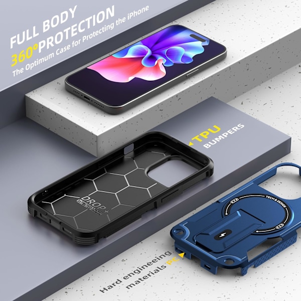 Magnetisk iPhone-etui med stativ, kompatibel med MagSafe, robust innebygd støtte, militærgradert fallbeskyttelse støtsikker for iPhone Blue iPhone 15 Plus