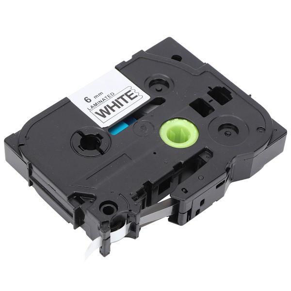 Laminerede etiketbånd 6mm sort på hvid passer til Brother TZe-211/611 PT-E100B/E300/D210