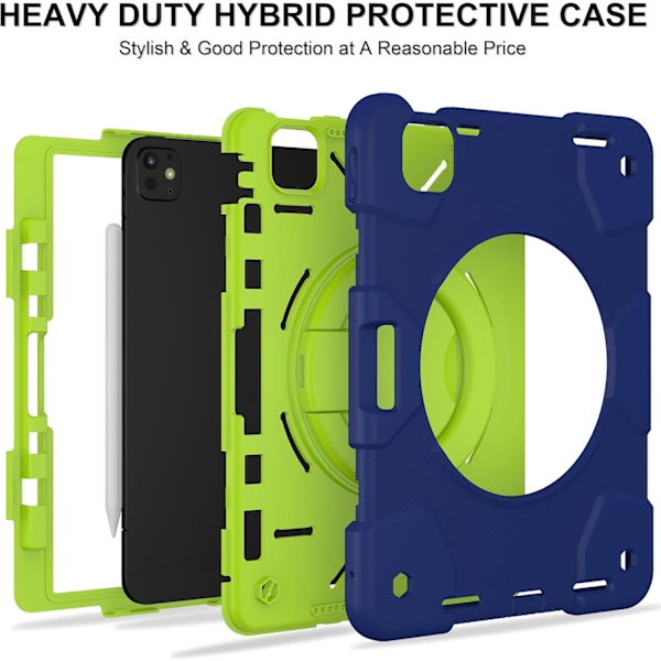 Cover til iPad Pro 11 tommer Cover 2024 (M4) 5. generation, robust Sh0ckproof cover med 360° roterende håndtag/beslag/penholder/Sh Navy Green iPad pro11 2024