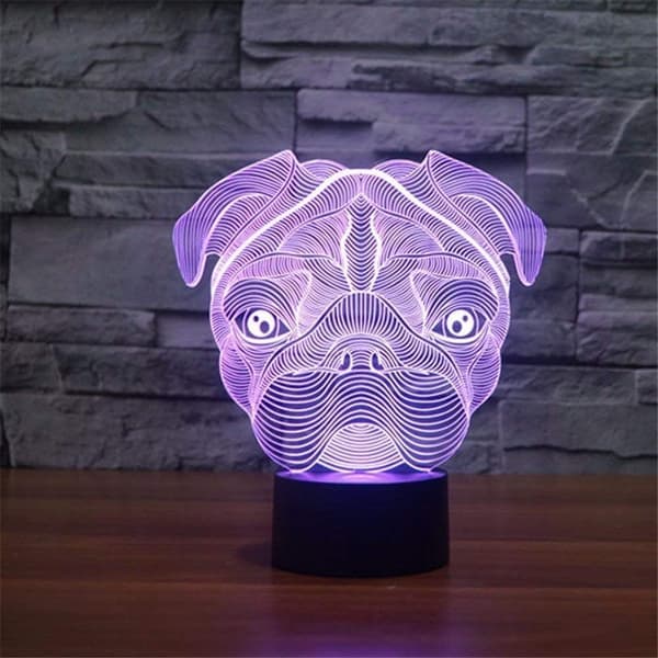 Mops Hund 3D Optisk Illusjon Akryl Nattlys Berøringsbryter