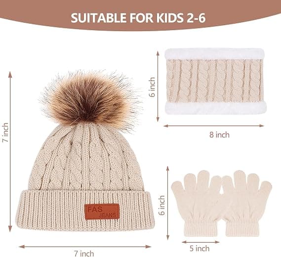 Vintermössa, Halsduk och Vantar Set för Barn, Toddler Vintermössa Stickade Vantar Halsvärmare med Fleecefodrad för Barn 2-5 År Beige