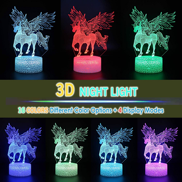 Unicorn 3D Illusjon LED Bordlampe Nattlys med Lys