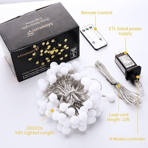 Globe Lyskæder, 10 meter 100 Led Fe Lys Plug-in, 8 Warm White