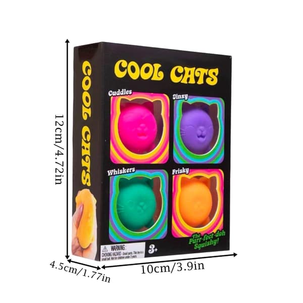 4-pak søde katte-squishy-terninger, bløde langsomt-rebound klemmebolde, elastiske angstlindrende sanselegetøj, tegneserie katte-dekompressionsterninger colorful