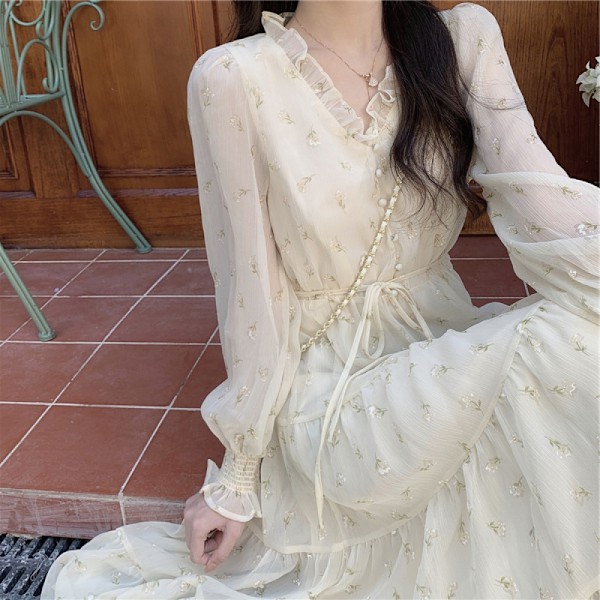 Prikket Chiffon Kjole Temperament Fritid Ferie(XL)