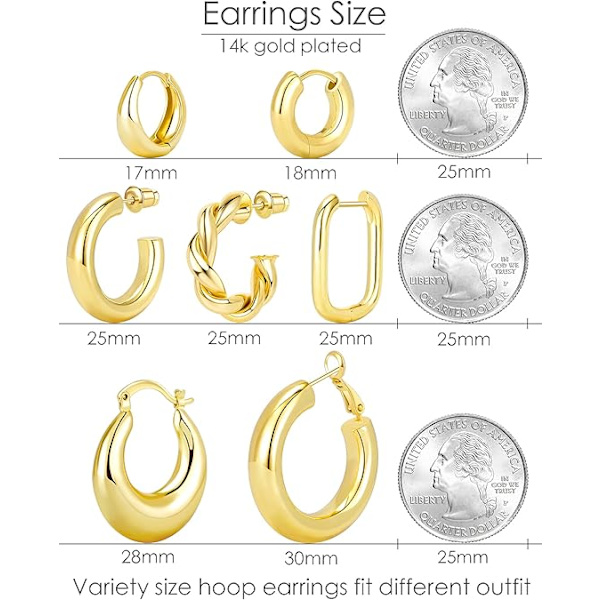 7 stk gull ørepyntsett for kvinner 14K gullbelagt klumpete ringer Twisted Huggie Hoop ørepynt for gave lett Gold