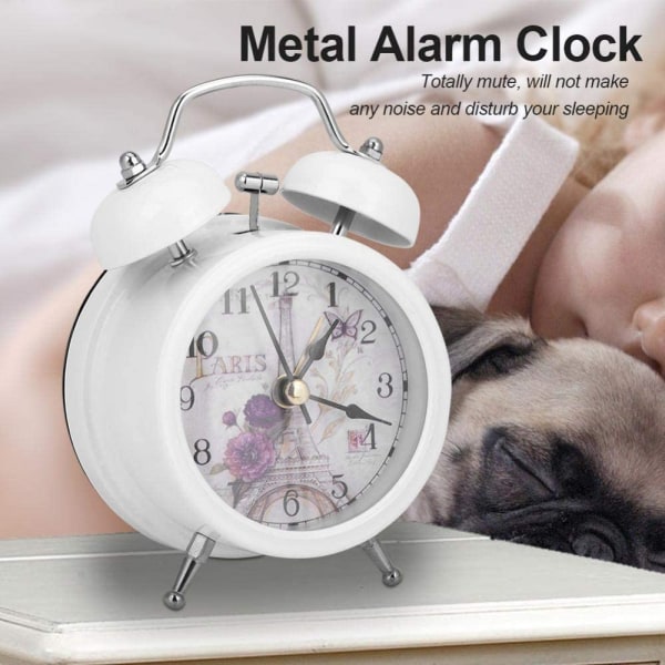 Väckarklocka för sovrum, ultratyst metallkvartsklocka, vit