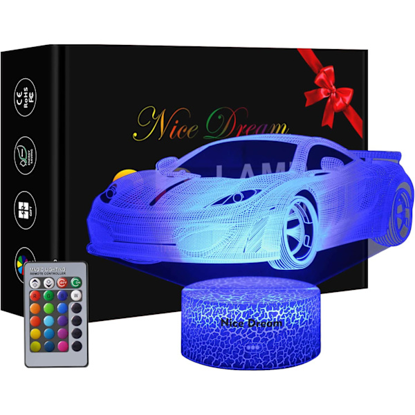 Bilgave til gutter, Racing Car 3D LED illusjonslampe, nattlys for gutter