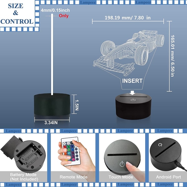 Kilpa-autojen 3D-yövalo, optinen illuusiolamppu kaukosäätimellä, 16 väriä vaihtuu, syntymäpäivä, joulu, ystävänpäivä, lahjaidea autokilpailuiden faneille