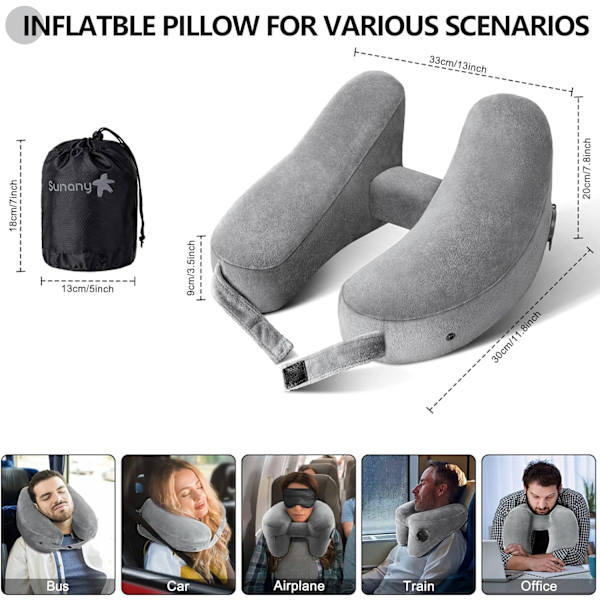 Nackkudde för resor Uppblåsbar flygplansdyna Stöder bekvämt huvud, nacke och haka, Uppblåsbar resedyna med mjukt velouröverdrag och Porta Comfort Grey Standard