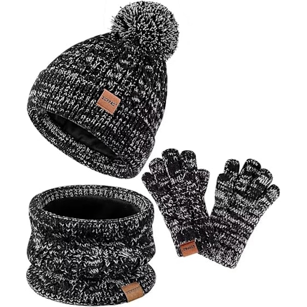 Vinterlue, Hanske og Halsvarmersett for Barn, Jentebarn Huer Beanie med Pom Plysjforet Sett Black Mix