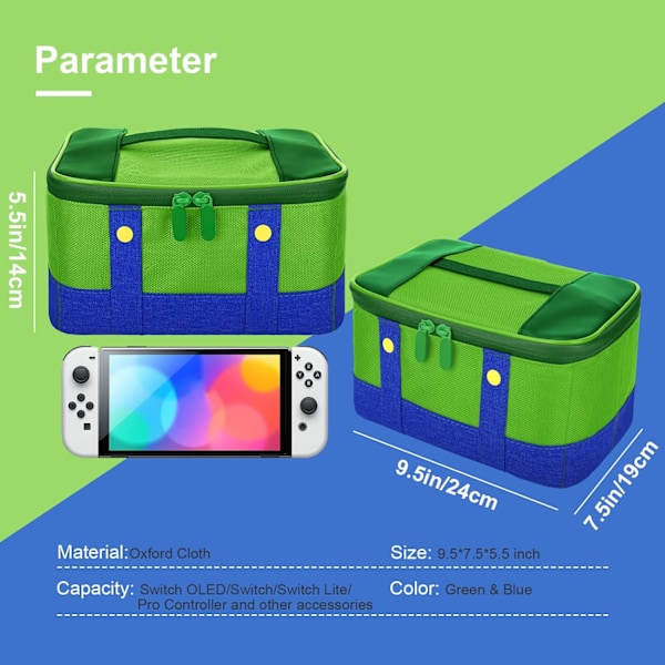 Söt Switch Bärväska för Nintendo Switch/Lite/OLED, Bärbar Mjuk Skal Vattentät Messenger Väska Oxford för NS SD Konsol Dock JoyCons Tillbehör Green