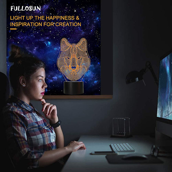 3D Varg Nattlampa, Optisk Illusionslampa för Heminredning &