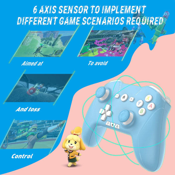 Bluetooth-kontroller for Switch/PC/Steam/Apple Arcade MFi-spill osv., Switch Pro-kontroller trådløs med justerbar dobbeltbevegelse, Turbo, makroer, 6-akser Blue